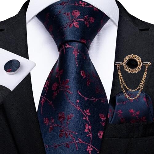 New Fashion 8cm Silk Mens Red Floral Blue Tie Business Wedding Party Formal Necktie Handkerchief Brooch Set Gift Cravat DiBanGu