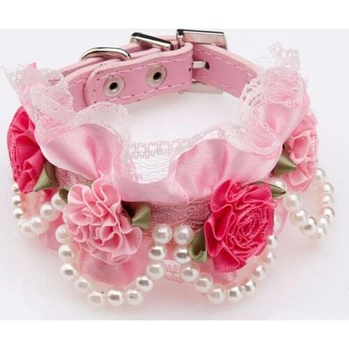 Lovely pet dog cat lace rose flower collar doggy fashion pearl PU leaher collars supplies puppy necklace products 1pcs S M