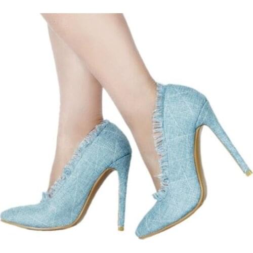 Drop Shipping Spring New Brand Woman Light Blue Jeans Denim 110 mm Stiletto Heels Fringe Tassel Pointed Toe Slip On Party Pumps