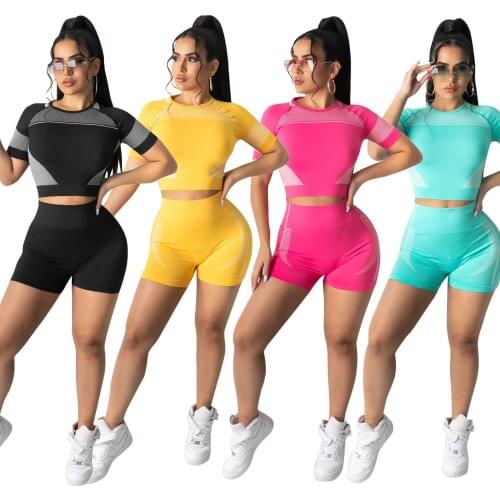 S-2XL 2021 summer 2 piece set for women fashion sport solid color short sleeve round neck top and short outfit Dropshipping