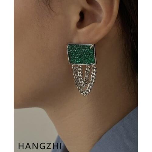 HANGZHI 2021 New Trendy Retro Square color Zircon Inlaid Chain Pendant Resin Metal Earrings for Women Girls Fashion Cool Jewelry