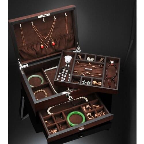New Double-Layer Solid Wood Necklace Jewelry Box European Jewelry Storage Box Large Space Jewelry Holder Gift Box with Lock Key