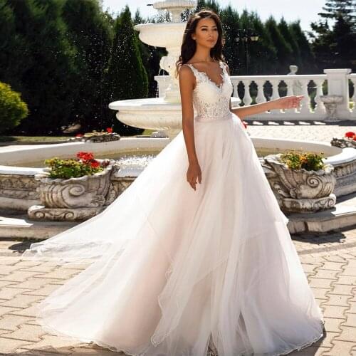 A Line V-Neck Tank Lace Appliques Sequin Beaded Backless Wedding Dresses with Bow Sashes Floor Length Sweep Train Bride Gown