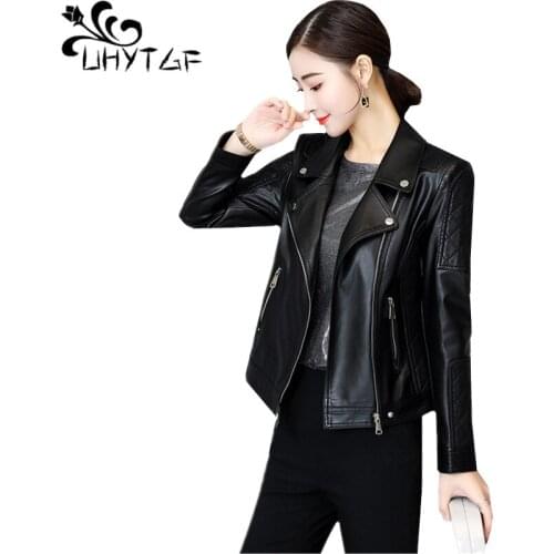 UHYTGF Quality PU washed leather autumn winter leather coat womens temperament Slim short leather jacket 5XL plus size top 819