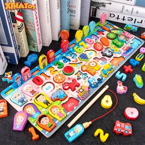 XIHATOY Montessori Educational Wooden Toys Kids Busy Board Math Fishing Count Numbers Digital Shape Match Early Education Child