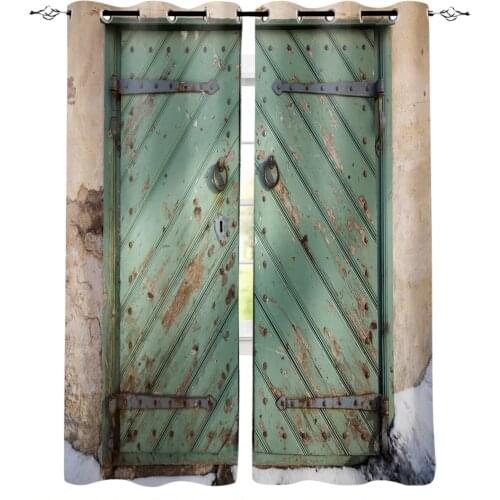 Green Wooden Door Retro Style Window Curtains Kitchen Drapes Panel Home Decor Curtains for Living Room Curtains for Bedroom