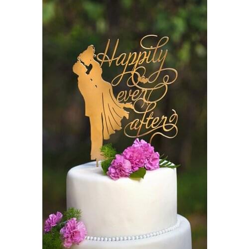 Mirror Gold Happily Ever After Bride and Groom Silhouette Wedding Cake Topper Cake Stand for Wedding Decoration Cake Accessory