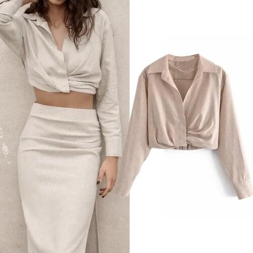Za Summer 2021 Khaki Linen Women Blouse Fashion Short Cropped Casual Large Size Blouses Woman Elegant Thin Folds Long Sleeve Top