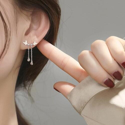Silver Stud Earrings For Lady Women Double Butterfly Tassel Earring Brincos Femme Pendientes Mujer Korean Style Wedding Jewelry