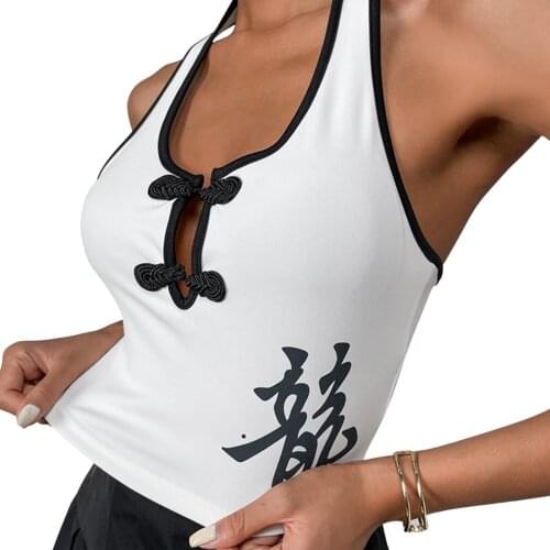 Women Color Block Tank Tops Adults Sexy Backless Chinese Character Print Frog Halter Pullover