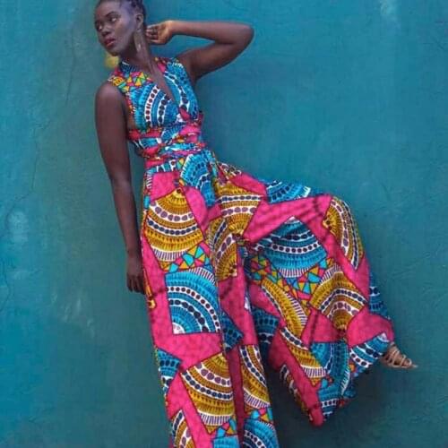 Women Jumpsuit 2021 African Dresses For Women Wide Leg Pants V-neck Blouse Trousers Dashiki Print African Clothes Vestios Robes