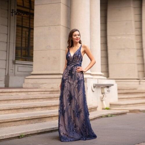 Finove Prom Dress 2020 Long Floor Length Sexy Deep V Neck Lace Up Backless Chic Appliques Formal Party Dress Vestido de fiesta