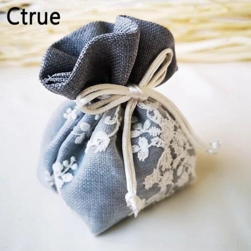 10pcs Vintage linen Candy Bags Drawstrings Gift Bag with lace Wedding Party Favor Pouch Birthday girl baby shower Supplies