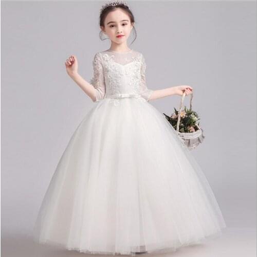 Kids Ball Gown Flower Girl Long Dresses Puffy White Tulle Girl Princess Long Dresses for Kids Communion Wedding Vestidos Wear