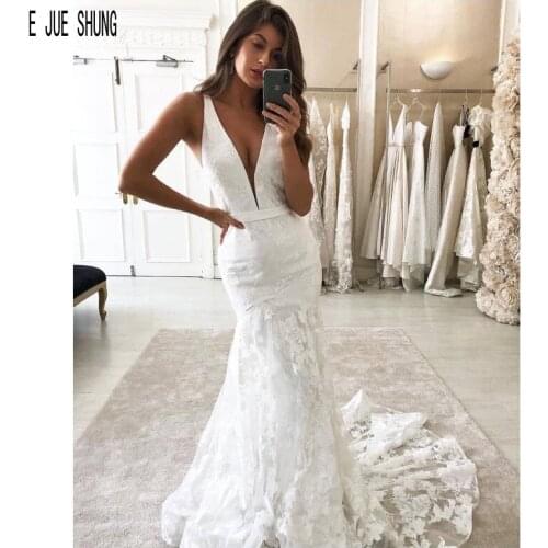 E JUE SHUNG Sexy Mermaid Wedding Dresses Deep V Neck Zipper Back Lace Appliques Summer Bridal Gowns Robe De Marriage Bride Dress