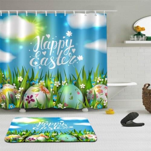 LB Happy Easter Shower Curtain Colorful Eggs Flowers in Grass Artwork Spring Festival Shower Curtains for Bathroom