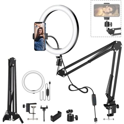 LED Selfie Ring Light Phone Stand With Folding Arm Circle Fill Light Dimmable Tripod Photography RingLight For YouTobe Streaming
