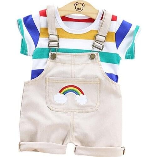 Summer Baby Girls Boys Cotton Clothing Sets Toddler Striped T-Shirt Rainbow Overalls 2Pcs/Sets Children Fashion Casual Tracksuit