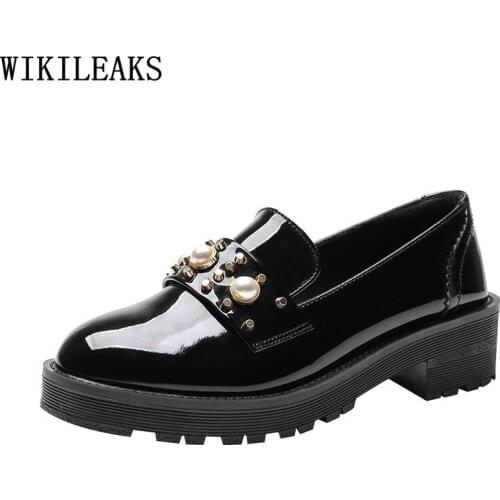 Patent Leather Slip on Shoes for Women Block Heels Loafers Women Black Boots Leather Casual Shoes Oxford Shoes for Women Zapatos