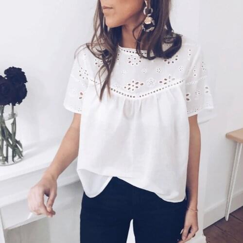 Fashion Pure White Hollow Out Blouse Female Summer Casual Short Sleeve O-Neck Tops New Elegant Sweet Breathable Soft Shirts