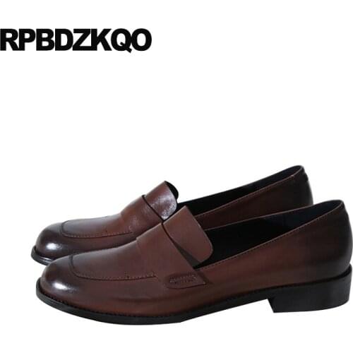 Low heel loafers genuine leather round toe slip on italian designer shoes women luxury 2019 ladies china black chinese brown
