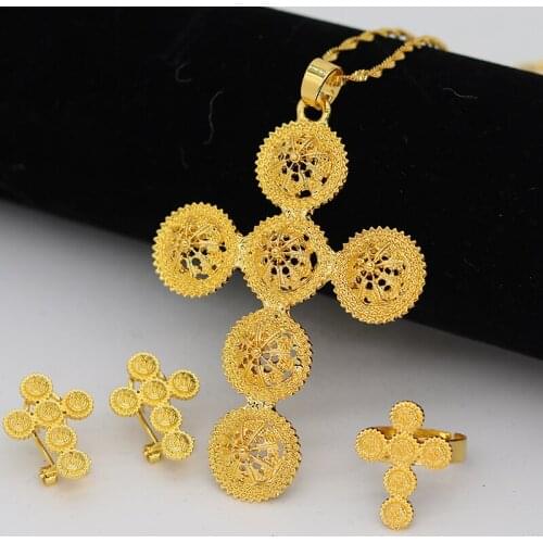 Small Cross jewelry sets for Women Girl Dubai Earring 45cm Water Chain Ethiopia Crosses Jewelry African bridal wedding Gift