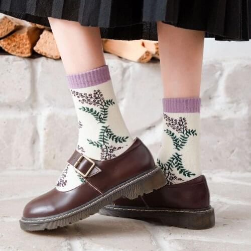 5 Pairs Fashion Brand Thick Thermal Crew Socks for Women Ladies Girls Cute Flower Plaids Autumn Winter Snow Towel Cotton Sokken