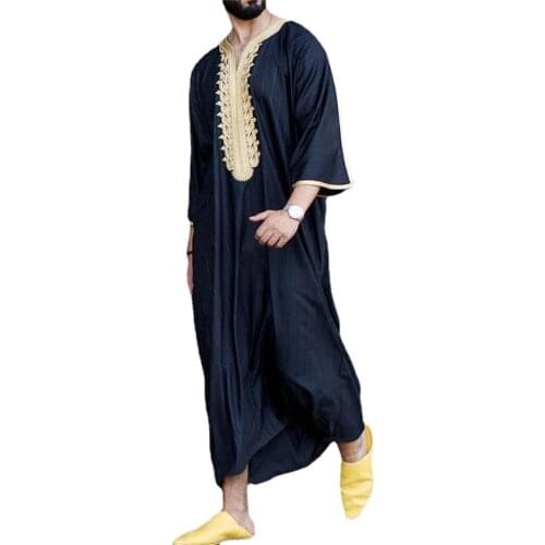 2021 Ramadan New Fashion Caftan Muslim Sets Abaya Man Shirt Youth Qamis Homme Loose Casual V-neck Solid Color Islamic Clothing