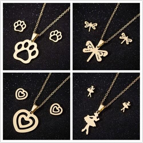 Oly2u Cute Dog Cat Paw Stainless Steel Jewelry Sets for Women Lovely Dragonfly Stud Earrings Necklaces Kolczyki