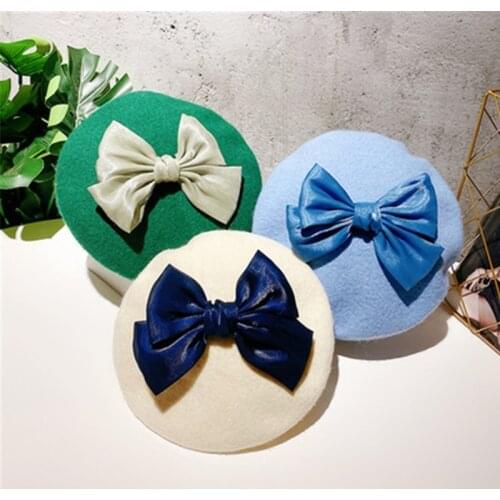 Bowknot woolen womens beret autumn and winter biscuits hat girl cute solid color painter hat modeling hat Lolita hat