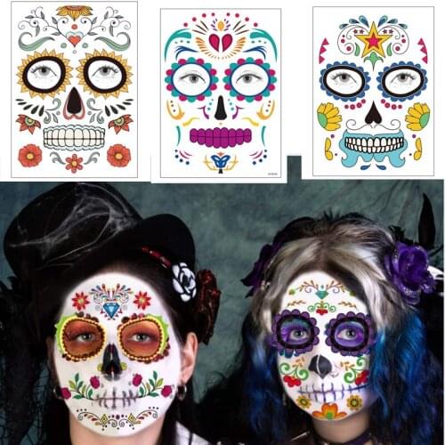 Skull Bone Face Tattoos Temporary Waterproof Tattoo for Women Man Halloween Sugar Skull Face Tattoo Kit Facial Makeup Sticker