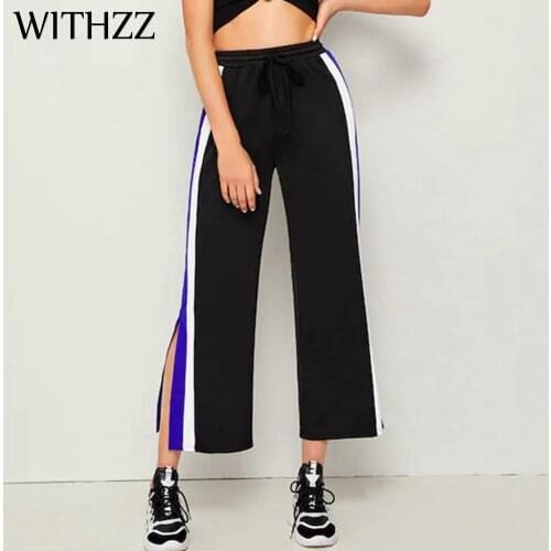 WITHZZ Spring Womens Trousers Stitching Striped Leg Split Wide Leg Pants Casual Pants