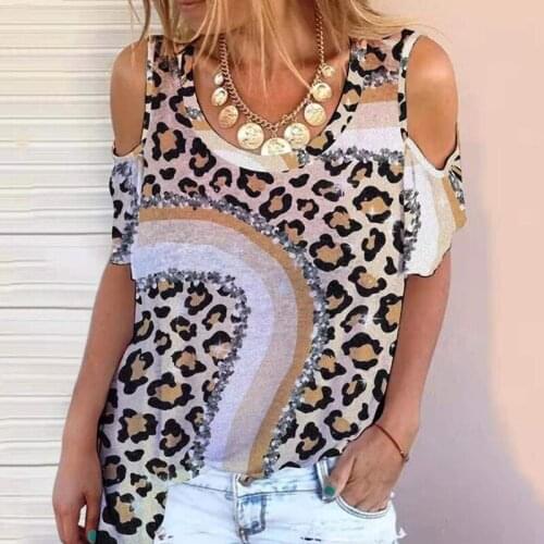 Women Round Neck T-Shirt New Leopard Print Loose Pullover Short Sleeve Top Off-The-Shoulder Casual Tshirts Ladies Clothes 2021