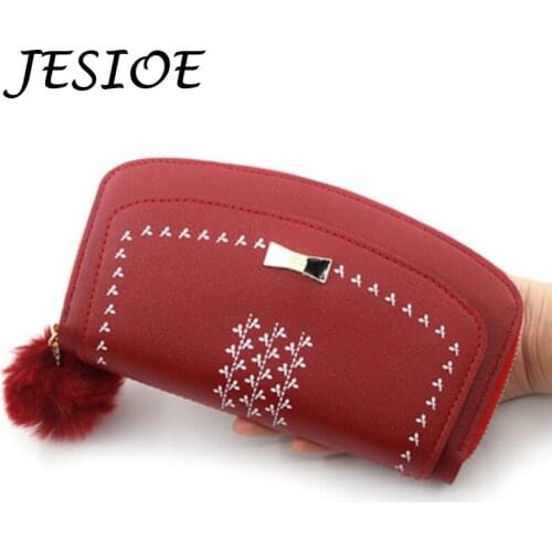Women Long Wallets Fashion Leather Luxury Purse Ladies Hairball Leaves Card Bag for Women Clutch Female Designer Money Wallet