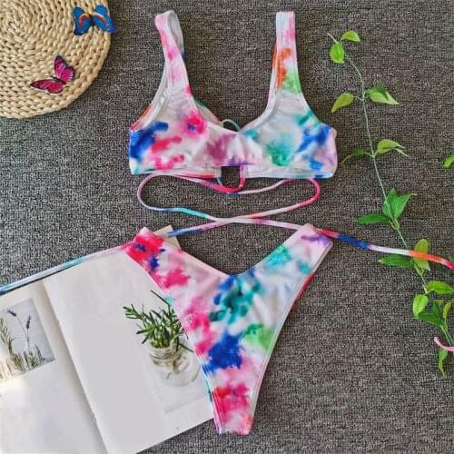 Women Sexy 2 Piece Bikini Set Rainbow Tie-Dye Print Swimsuit Hollow Crisscross Strappy Tie Back Brazilian Bathing Suit 2020