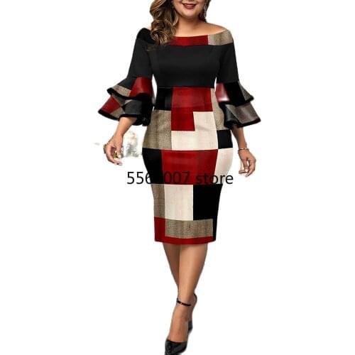 Plus Size Women Dresses Elegant Geometric Print Wedding Party Dress 2021 Autumn Layered Bell Sleeve Chic Evening Prom Dress 5XL