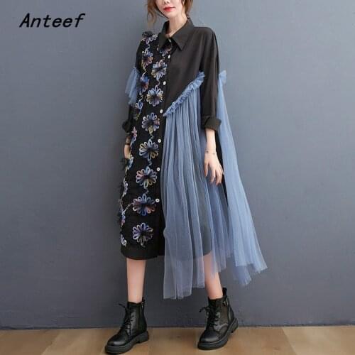 Long sleeve black cotton mesh vintage floral dresses for women casual loose spring autumn shirt dress elegant clothing 2021