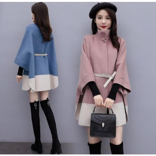 2020 New Autumn and Winter Cloak Woolen Coat Women Hit Color Wild Korean Style Long Loose Plus Size Bat Sleeve Outwear f2136