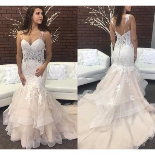 2021 Trendy Mermaid Wedding Dress Spaghetti Backless chapel Train Appliques Garden Country Chapel Bridal Gowns Vestido De Novia
