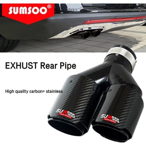 GenuineSUMSOO 1PCS Dual Carbon Fiber + Stainless Steel Universal Auto Exhaust Tip Muffler Double end black pipe