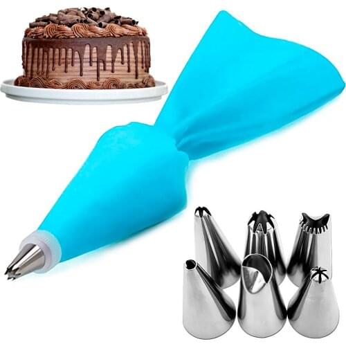 8pcs/set Silicone Icing Piping Cream Pastry Bag + 6 Stainless Steel Cake Nozzle DIY Cake Decorating Fondant Pastry Tools