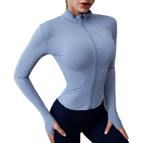 Women Sport Jacket Full Zipper Long Sleeves Thumb Holes Coat Slim Daily Running Yoga Tops