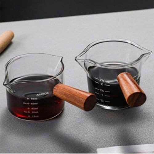 Espresso Coffee Measuring Mug 100ml Heat Resistant Two Pou Spout Borosilicate Small Glass with Wooden Handle Stove Oven Safe