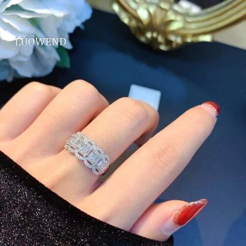 LUOWEND 100% Real 18K White Gold Rings Fashion Wedding Band Natural Diamond Ring Customize for Women Party Anniversary