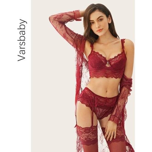 Varsbaby Sexy Gather Bra Set Nightgown+Bra+Panties+ Stockings +Y-line Straps +Thong 7 Pcs ABCD Cup For Women