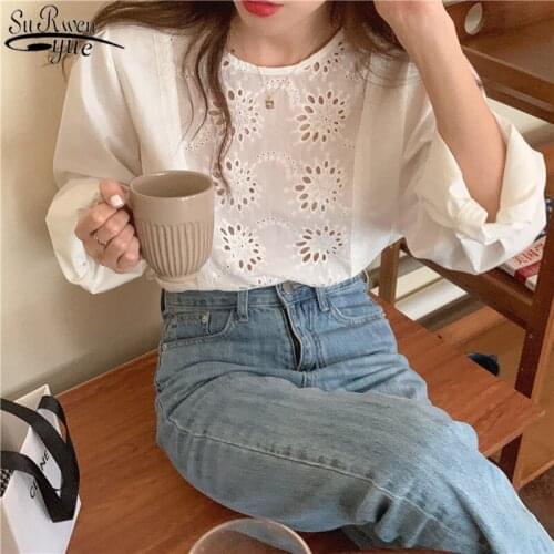 Korean Hollow White Shirts Women Long Sleeve Sexy Sweet Wild Women Tops and Blouse Vintage Summer Shirt Blusas Mujer 14039