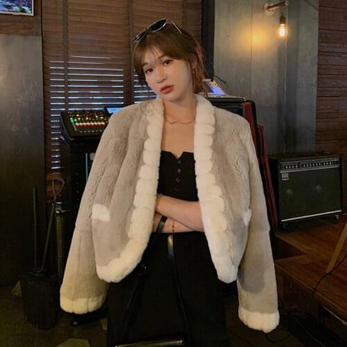 Rf21106 2021 Autumn Casual Real Rex Rabbit Fur Coat Contrast Color