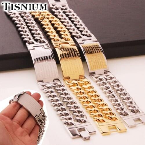 Tisnium 23mm Mens Bracelet on the Hand Gothic Jewelry Curb Cuban Link Chain Scriptures Engraved Cross Stainless Steel Wholesale