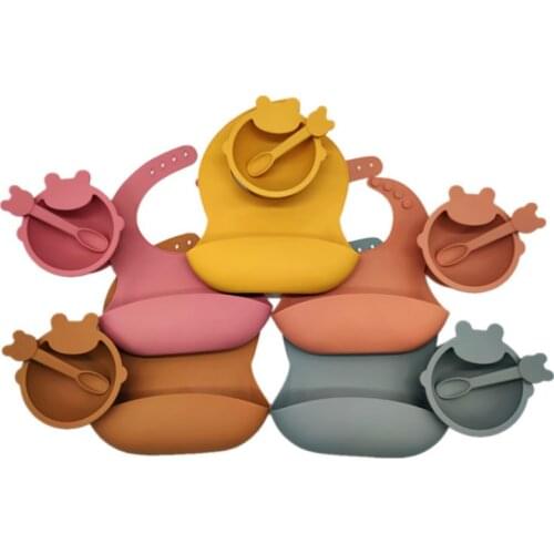 Baby Feeding Set Food Grade Silicone Bibs Baby Plate Non-silp Suction Bowl Kids Tableware Waterproof Bib Spoon BPA Free