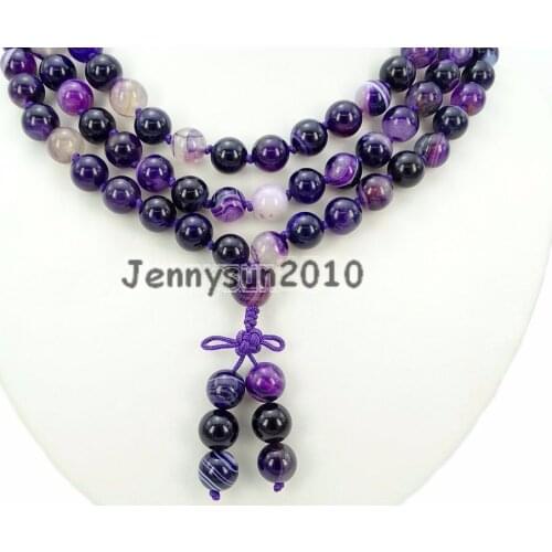 Natural Purple Stripe Ag-ate 10mm Gems Stone Buddhist 108 Beads Prayer Mala Knot Necklace Multi-Purpose 5Strands/Pack